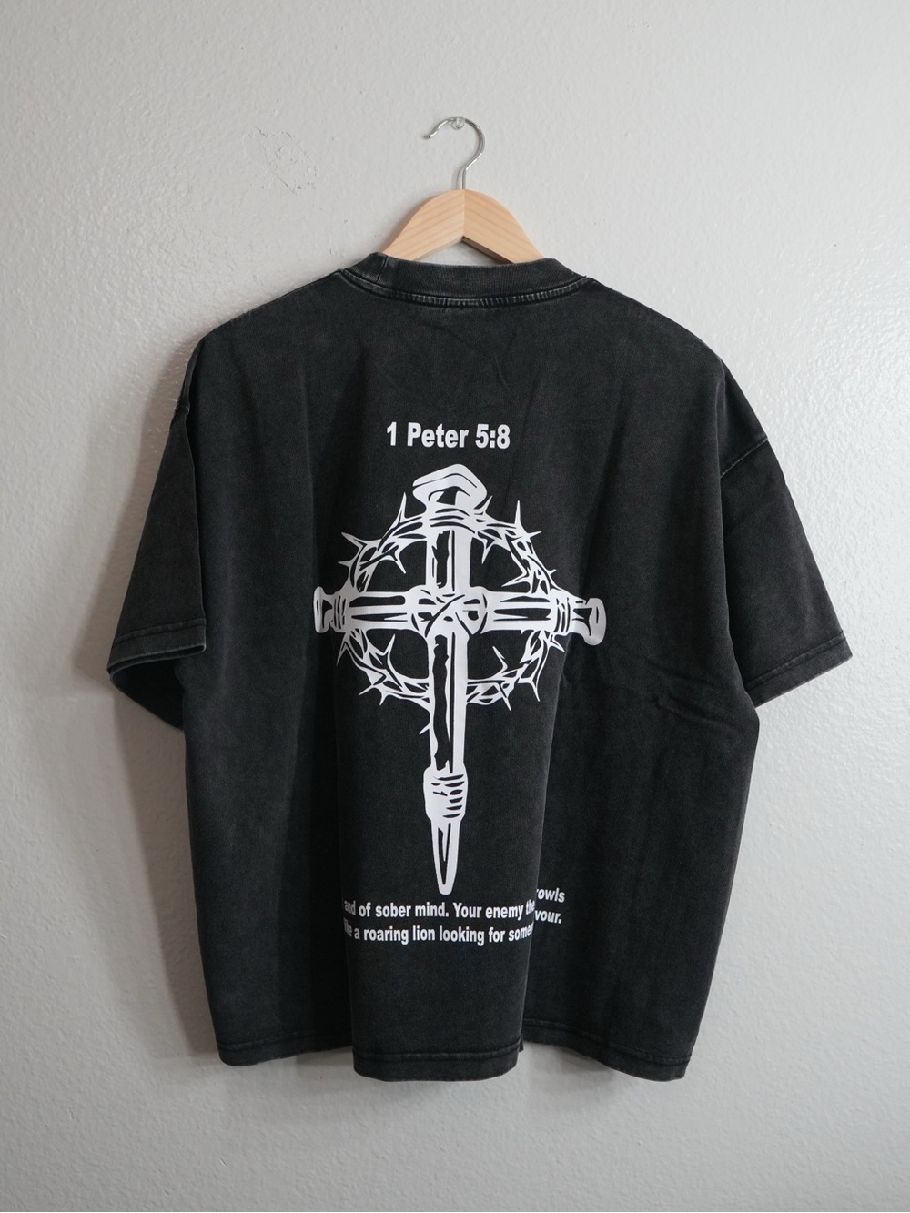 Small Washed Black 1 Peter 5:8 Christian T-Shirt - Get Ripped Life